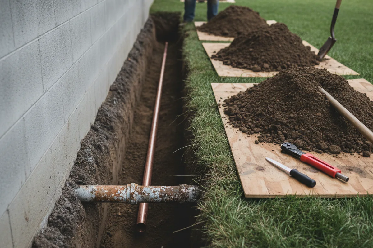 Excavated water line trench during Sewer Line Repair in Moneta